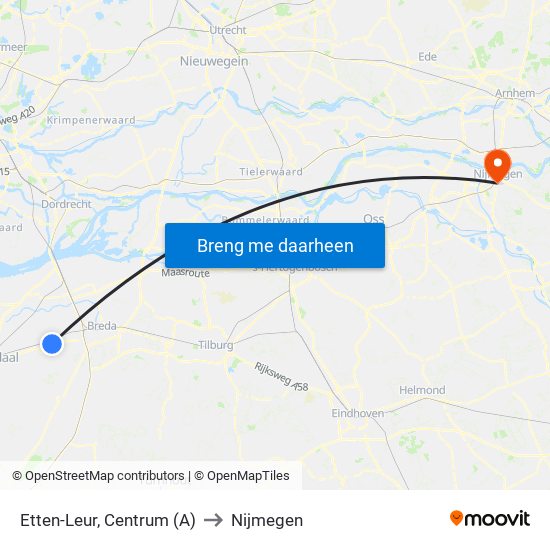 Etten-Leur, Centrum (A) to Nijmegen map