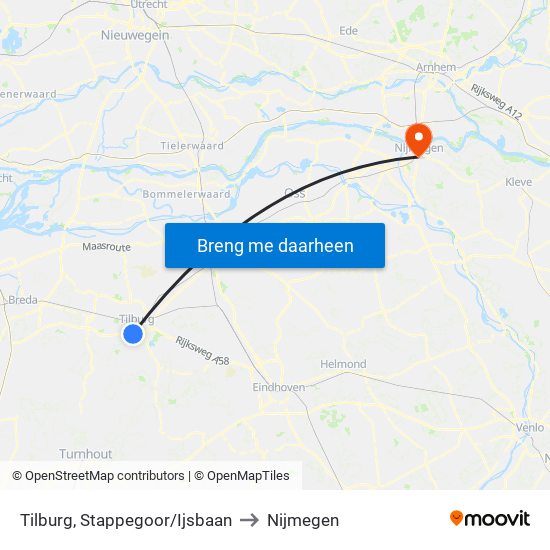 Tilburg, Stappegoor/Ijsbaan to Nijmegen map