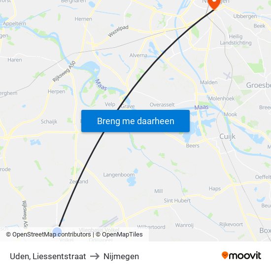 Uden, Liessentstraat to Nijmegen map