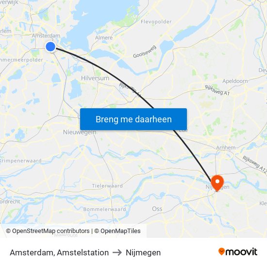 Amsterdam, Amstelstation to Nijmegen map