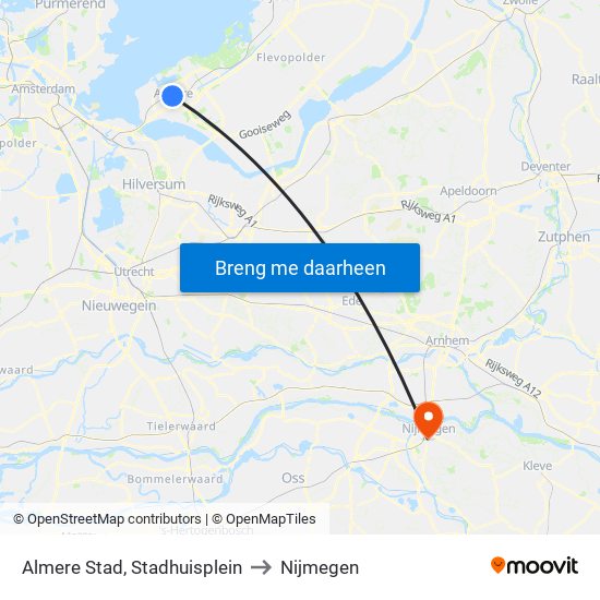 Almere Stad, Stadhuisplein to Nijmegen map