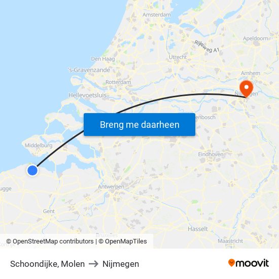 Schoondijke, Molen to Nijmegen map