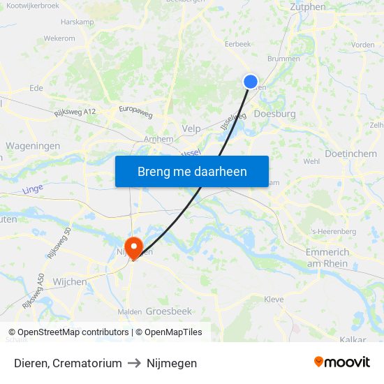 Dieren, Crematorium to Nijmegen map