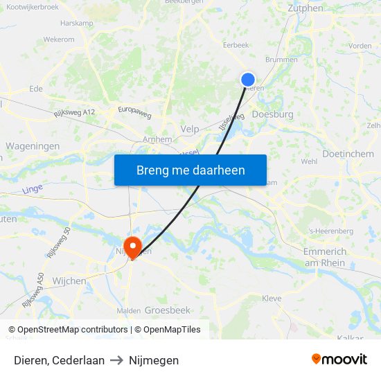 Dieren, Cederlaan to Nijmegen map