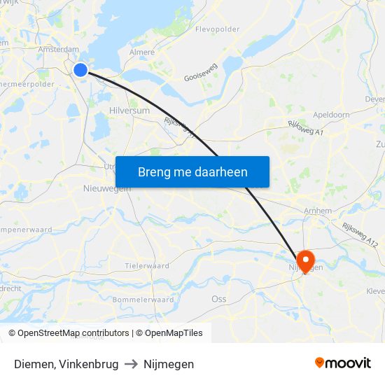 Diemen, Vinkenbrug to Nijmegen map