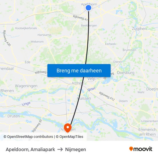 Apeldoorn, Amaliapark to Nijmegen map