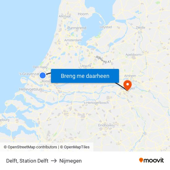Delft, Station Delft to Nijmegen map