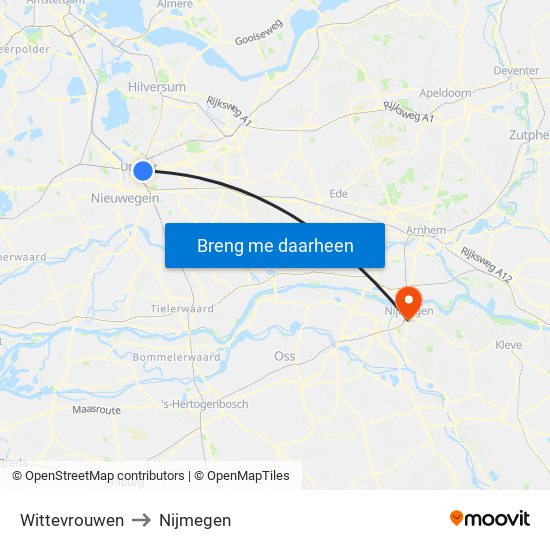 Wittevrouwen to Nijmegen map