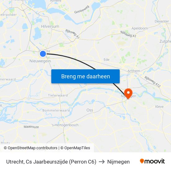 Utrecht, Cs Jaarbeurszijde (Perron C6) to Nijmegen map