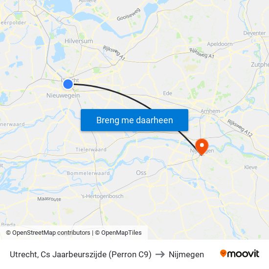 Utrecht, Cs Jaarbeurszijde (Perron C9) to Nijmegen map