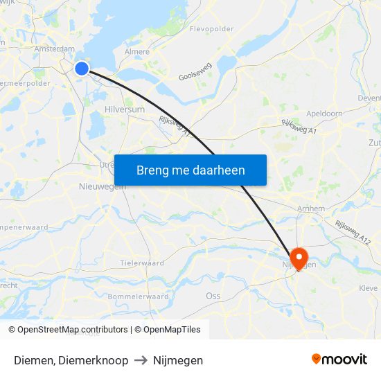 Diemen, Diemerknoop to Nijmegen map