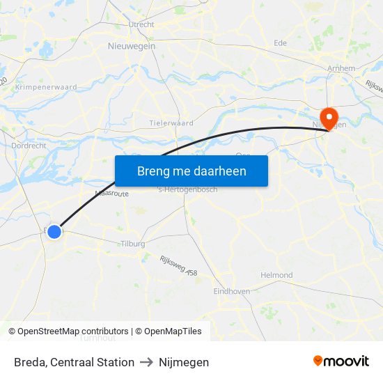 Breda, Centraal Station to Nijmegen map