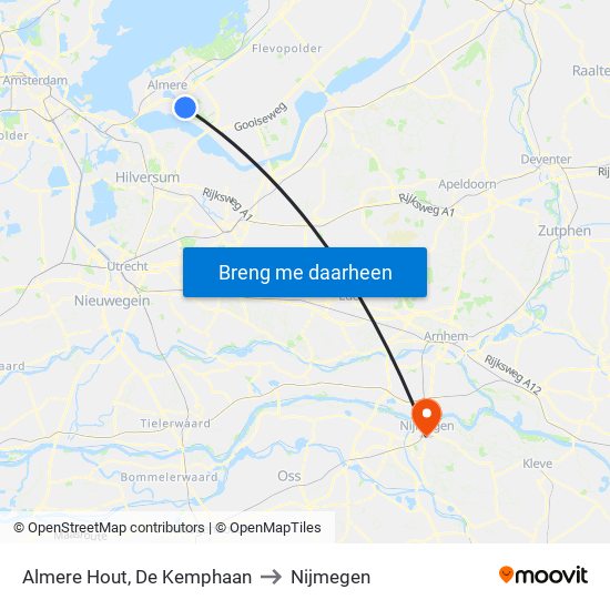 Almere Hout, De Kemphaan to Nijmegen map