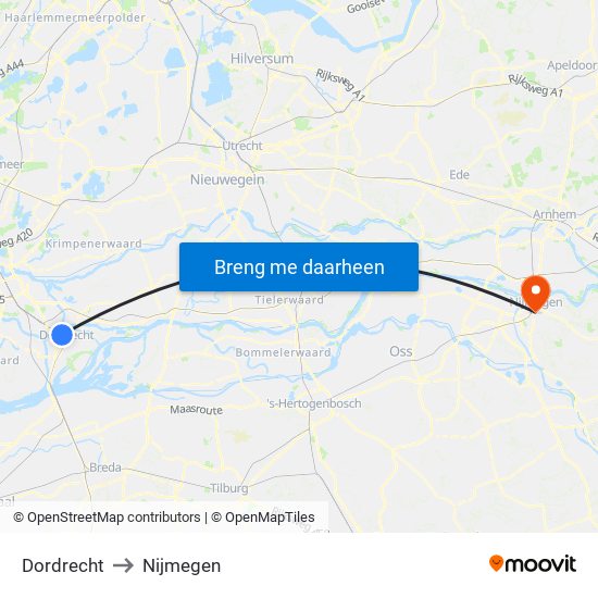 Dordrecht to Nijmegen map