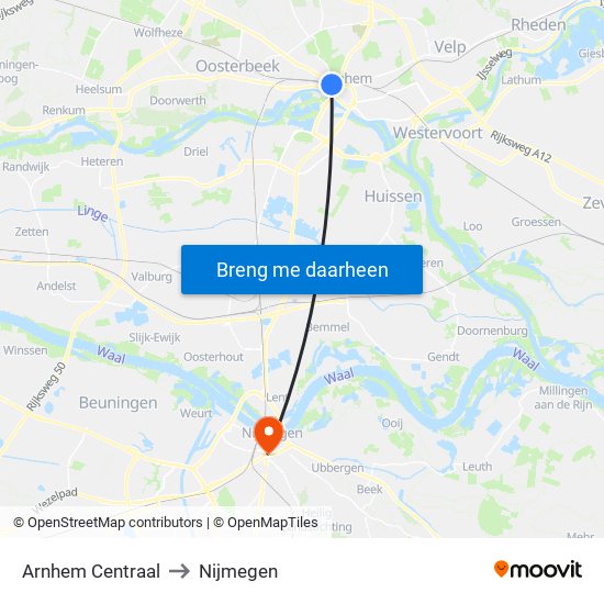 Arnhem Centraal to Nijmegen map