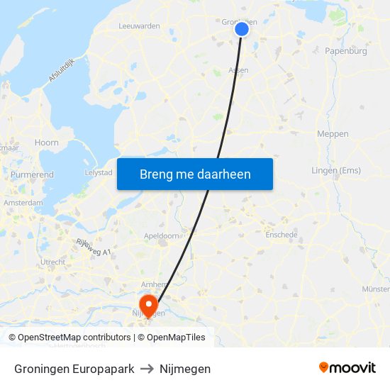 Groningen Europapark to Nijmegen map