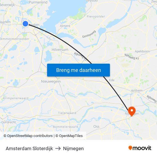 Amsterdam Sloterdijk to Nijmegen map