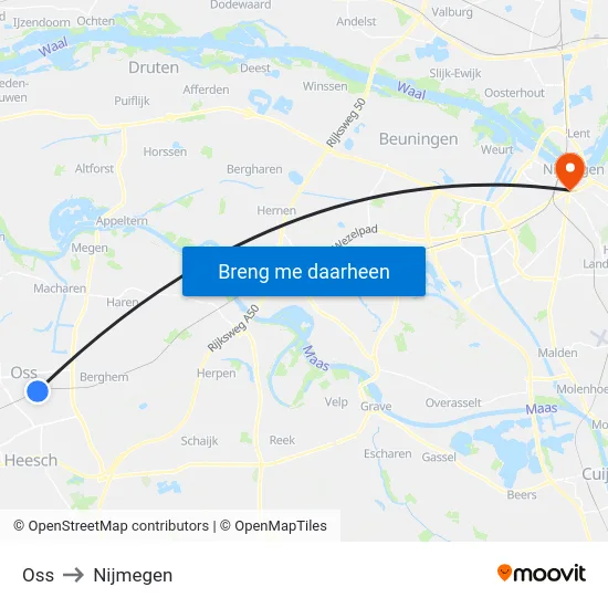 Oss to Nijmegen map