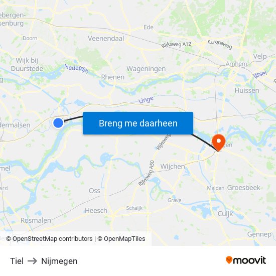 Tiel to Nijmegen map