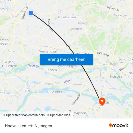 Hoevelaken to Nijmegen map