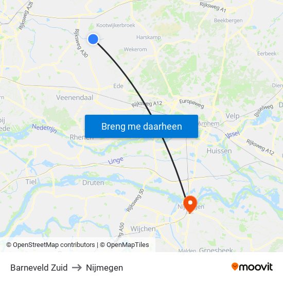 Barneveld Zuid to Nijmegen map