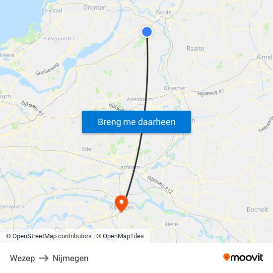 Wezep to Nijmegen map