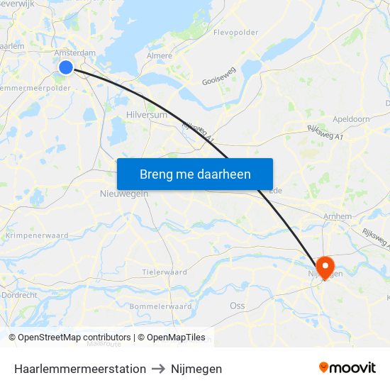 Haarlemmermeerstation to Nijmegen map