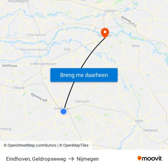 Eindhoven, Geldropseweg to Nijmegen map