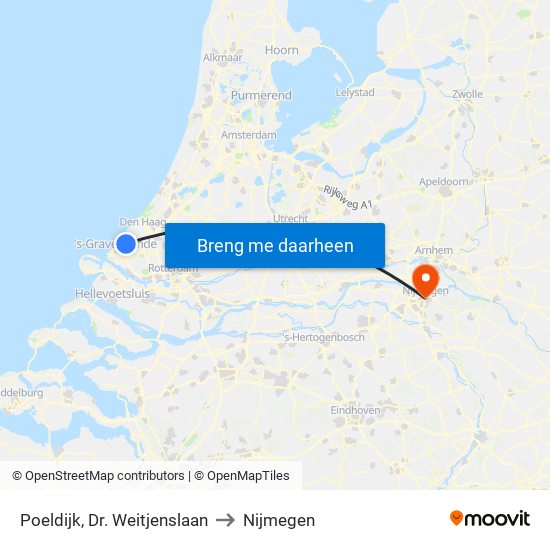 Poeldijk, Dr. Weitjenslaan to Nijmegen map