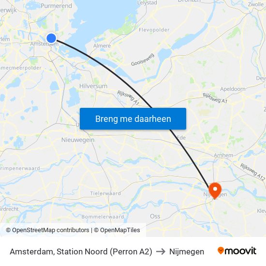 Amsterdam, Station Noord (Perron A2) to Nijmegen map