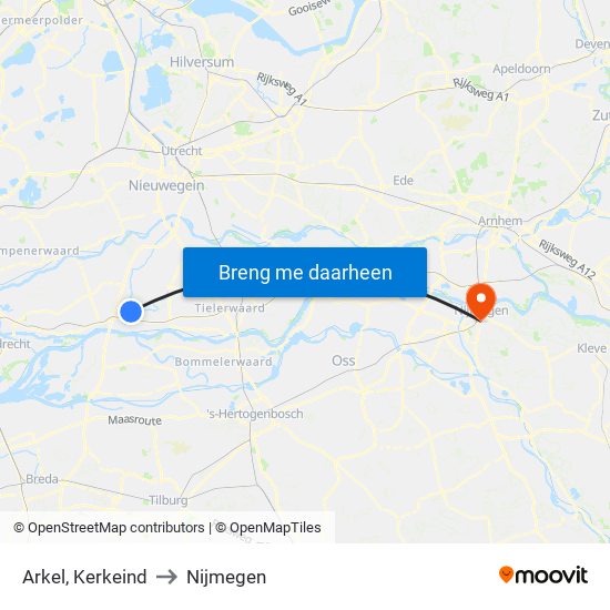 Arkel, Kerkeind to Nijmegen map