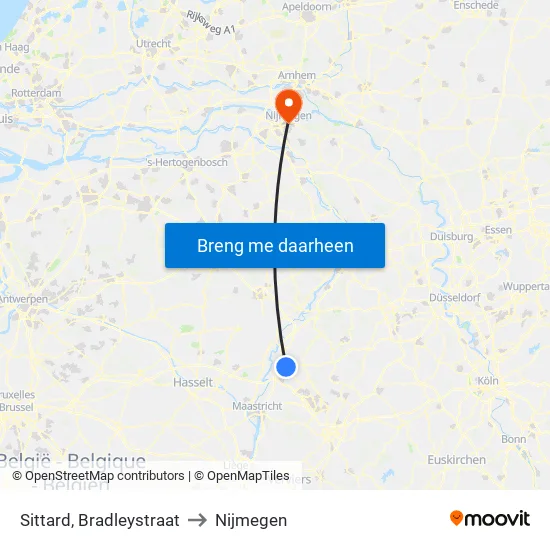 Sittard, Bradleystraat to Nijmegen map