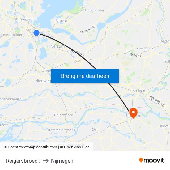 Reigersbroeck to Nijmegen map