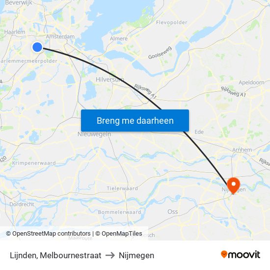 Lijnden, Melbournestraat to Nijmegen map