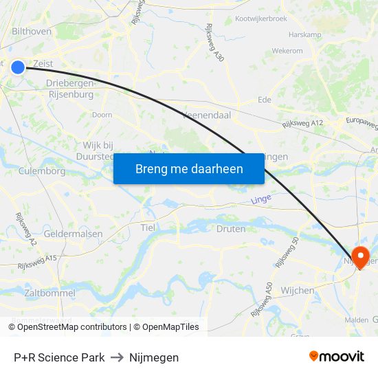 P+R Science Park to Nijmegen map
