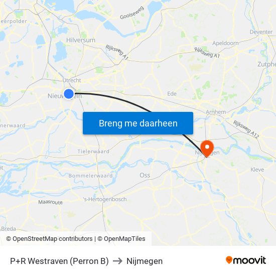 P+R Westraven (Perron B) to Nijmegen map