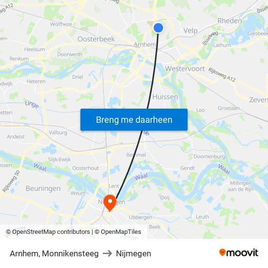 Arnhem, Monnikensteeg to Nijmegen map