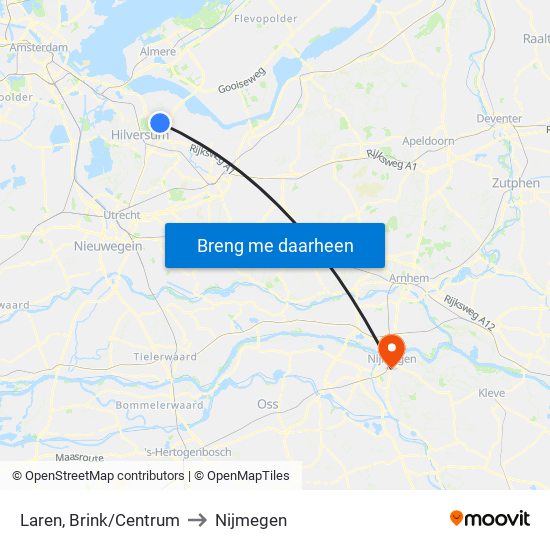 Laren, Brink/Centrum to Nijmegen map