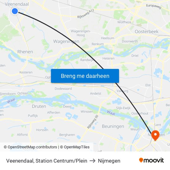 Veenendaal, Station Centrum/Plein to Nijmegen map
