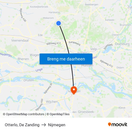 Otterlo, De Zanding to Nijmegen map