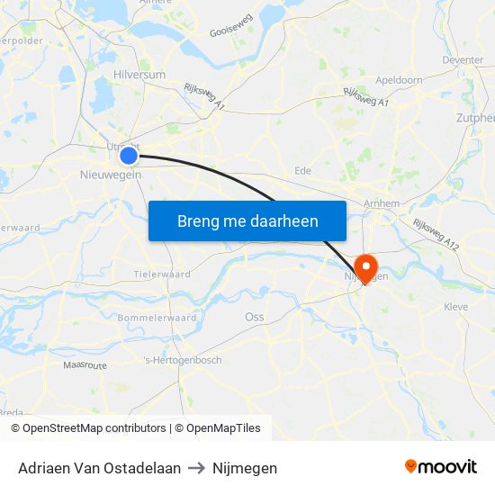 Adriaen Van Ostadelaan to Nijmegen map