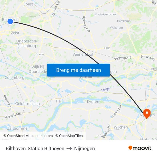 Bilthoven, Station Bilthoven to Nijmegen map