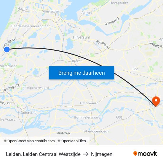 Leiden, Leiden Centraal Westzijde to Nijmegen map