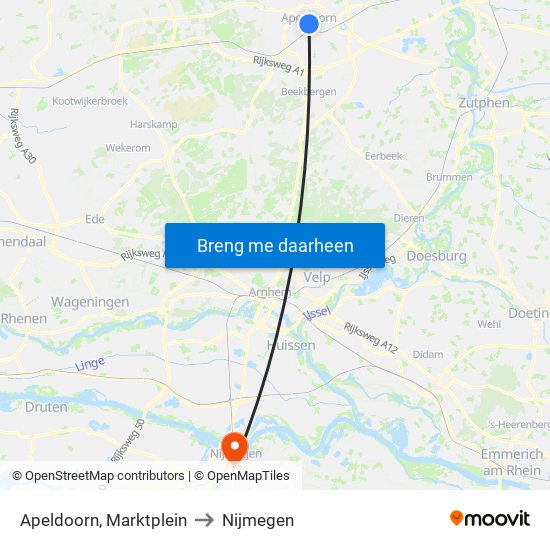 Apeldoorn, Marktplein to Nijmegen map