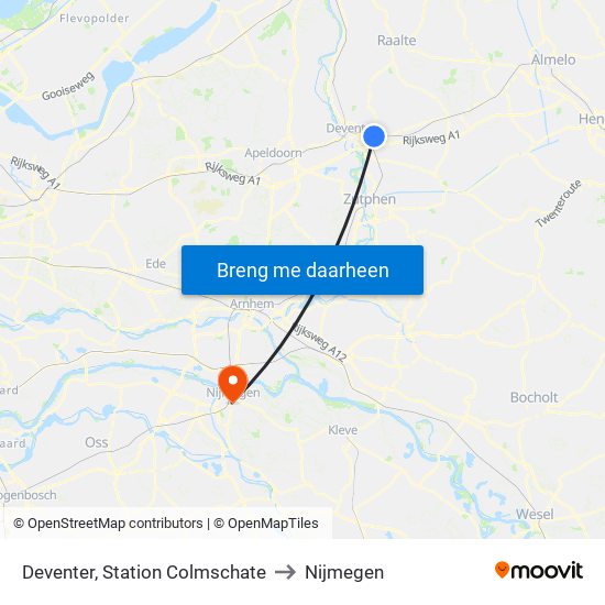Deventer, Station Colmschate to Nijmegen map