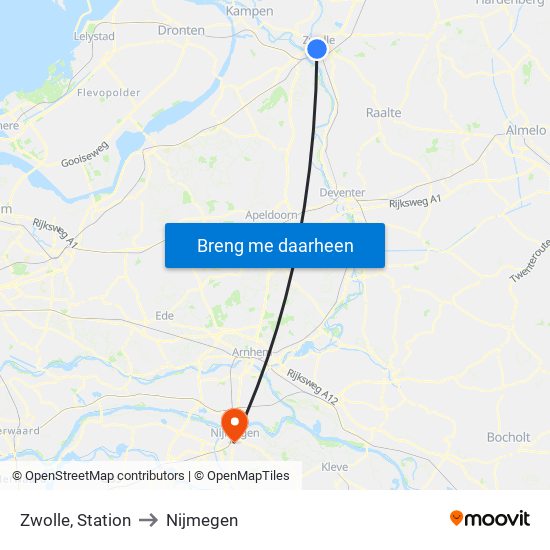 Zwolle, Station to Nijmegen map