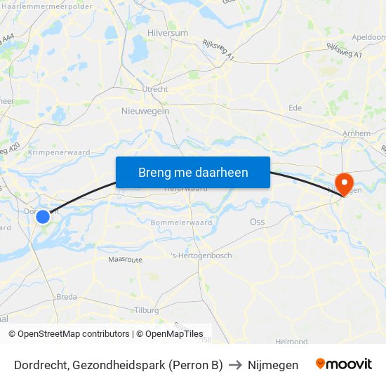 Dordrecht, Gezondheidspark (Perron B) to Nijmegen map