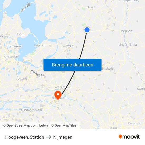 Hoogeveen, Station to Nijmegen map