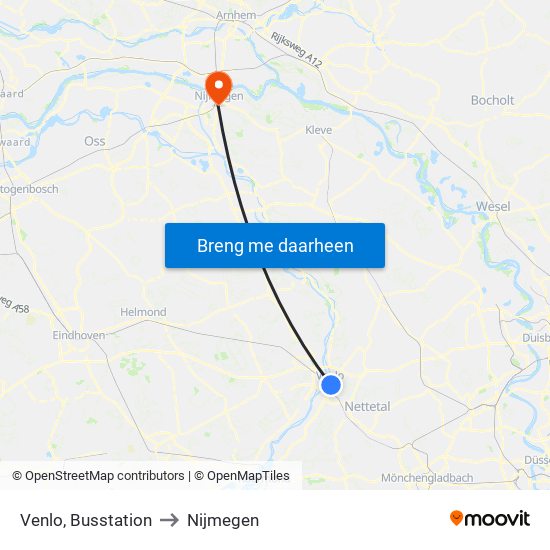 Venlo, Busstation to Nijmegen map