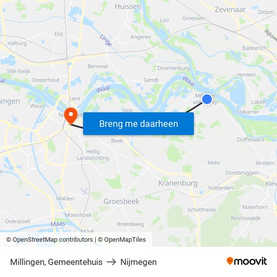 Millingen, Gemeentehuis to Nijmegen map